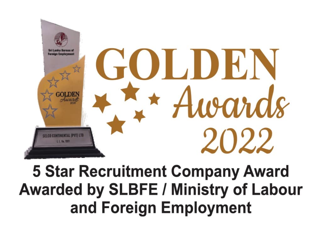 5 Star Recruitment Company Award 2022 awarded to Selco Continental (Pvt) Ltd by the SLBFE / Ministry of Labour and Foreign Employment